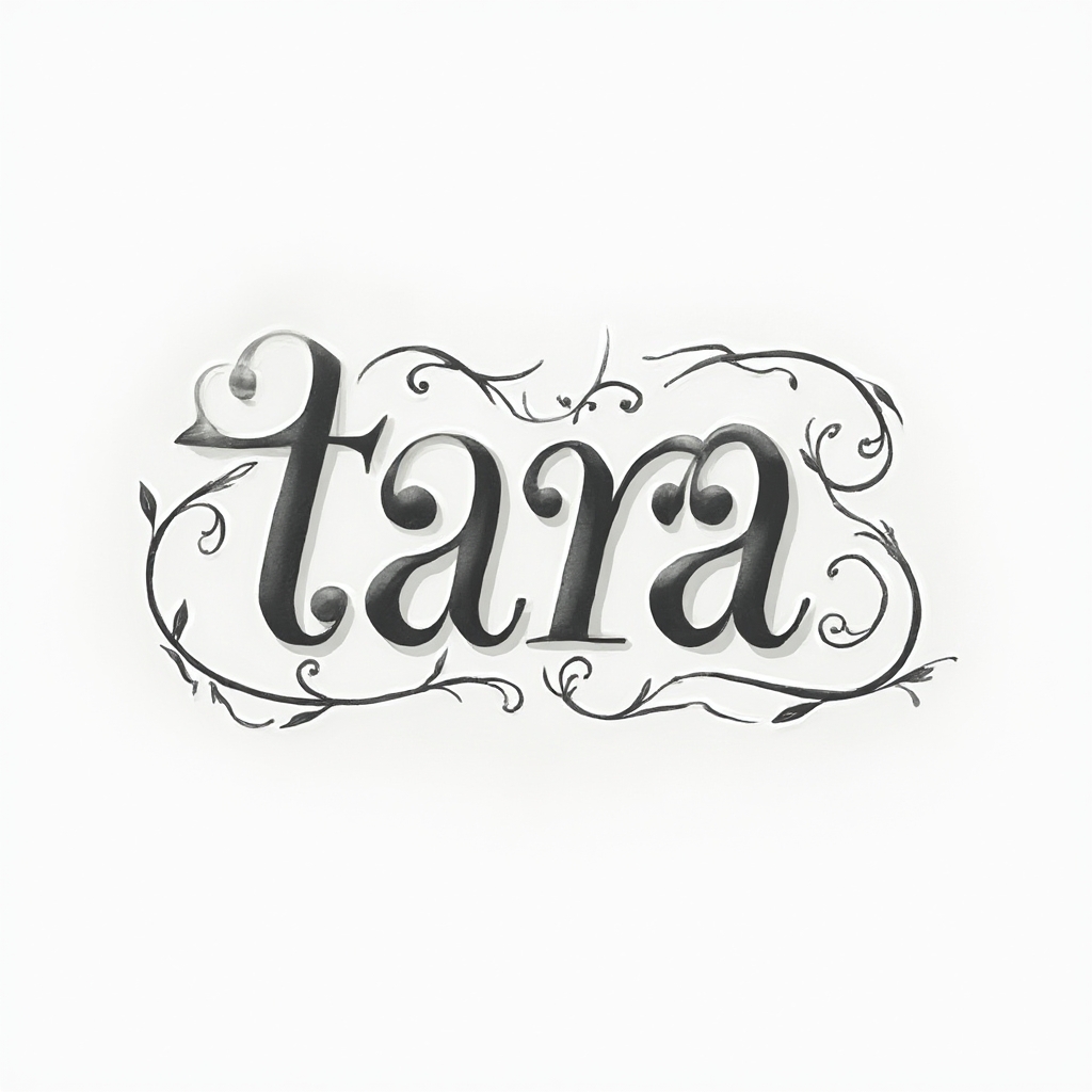 Elegant tattoo concept where the name tara is formed from flowing ornamental letterforms on a white background.