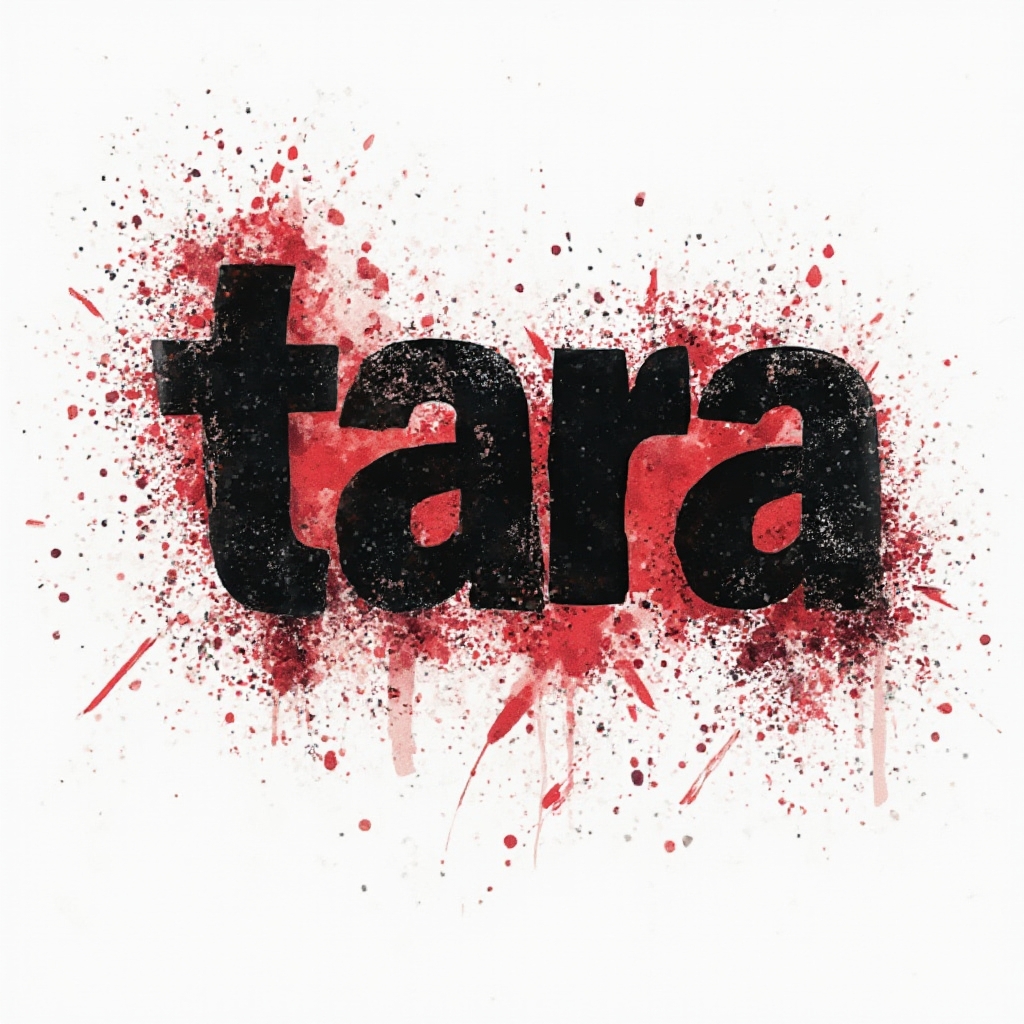 Trash Polka tattoo concept where the name tara is created from bold black strokes and red splashes on a white background.