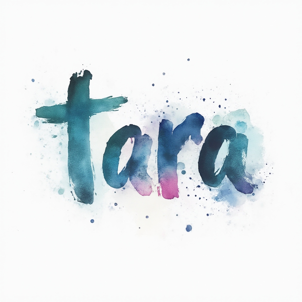 Watercolor tattoo concept where the name tara is formed from colorful, fluid paint strokes on a white background.