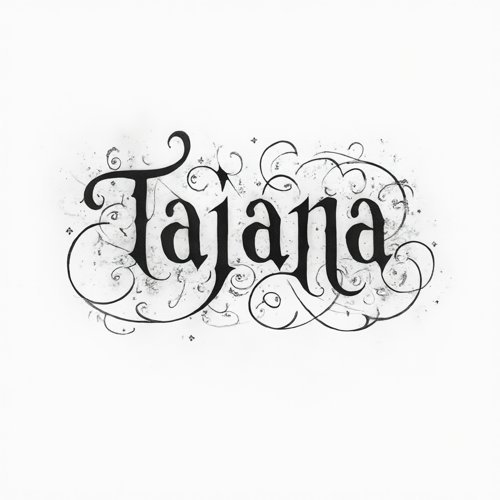 Ethereal ornamental tattoo design of the name tatiana with flowing flourishes on a white background