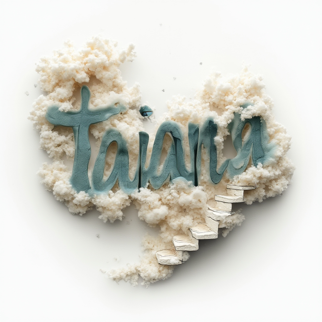 Surreal tattoo design of the name tatiana transforming into dreamlike shapes on a white background