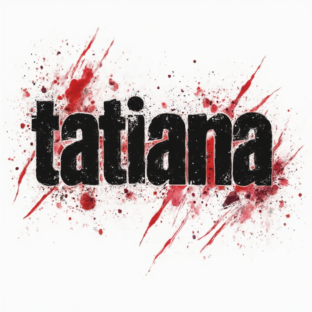 Trash Polka style tattoo concept of the name tatiana with bold black and red abstract elements on a white background