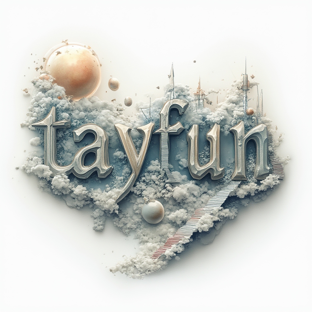 Surreal tattoo design where the letters of tayfun become impossible floating architectural forms on a white background.
