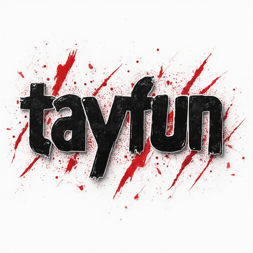 Trash Polka tattoo artwork where the name tayfun is built from distressed black letter shapes with red slashes on white.