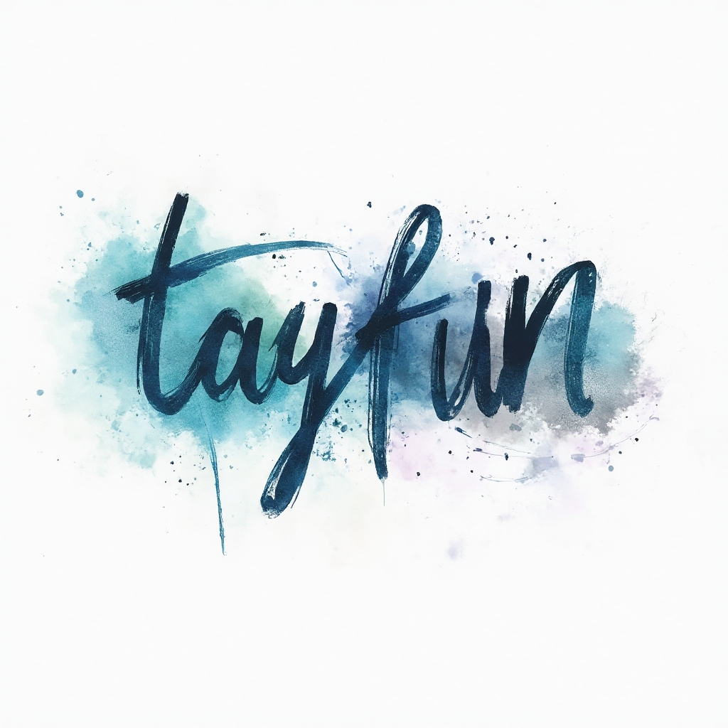 Watercolor tattoo concept where the name tayfun is painted as flowing ink letters dissolving into colorful splashes on a white background.