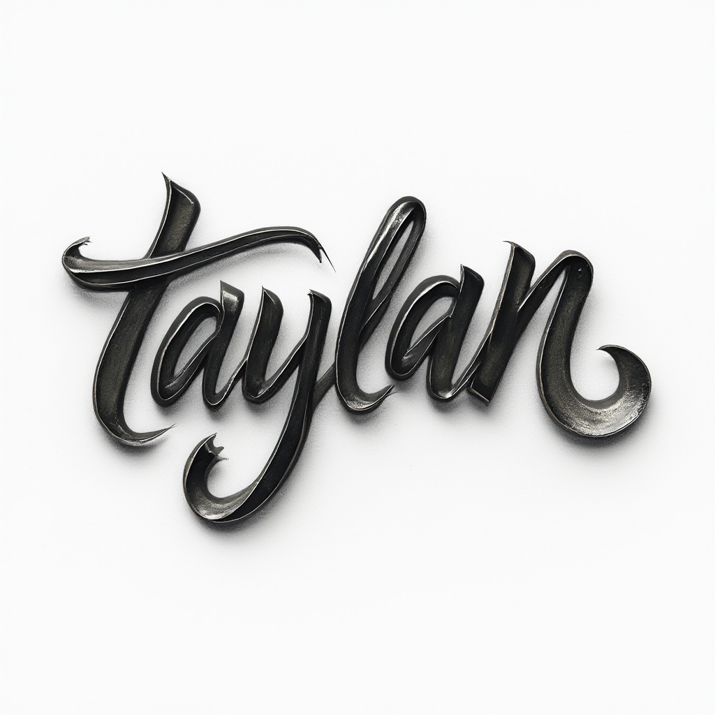 Dimensional flowing tattoo design where the name taylan appears as sleek, ribbon-like 3D letters on a white background.