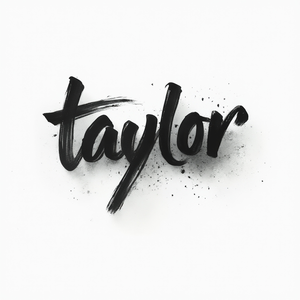 Textured ink tattoo design of the name taylor in bold expressive brushstroke lettering on a white background.