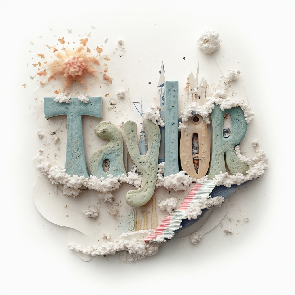 Surreal dreamscape tattoo design where the name taylor becomes melting, floating letterforms and impossible shapes on a white background.