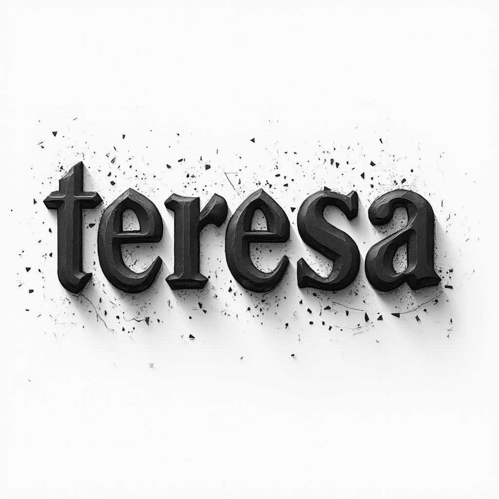 Three-dimensional black ink tattoo concept of the name teresa with bold carved letters on a white background.