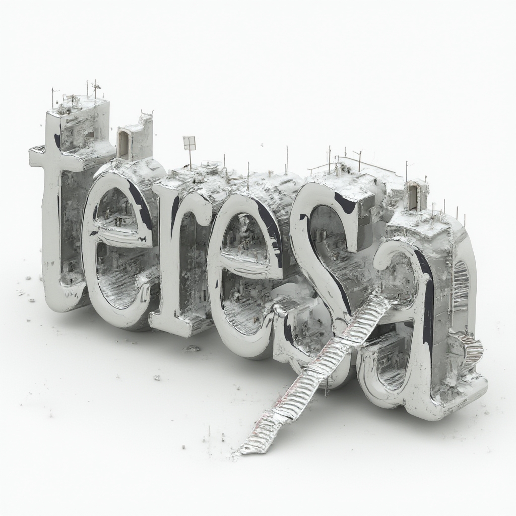 Surreal tattoo concept of the name teresa as floating, impossible chrome-like letters on a white background.