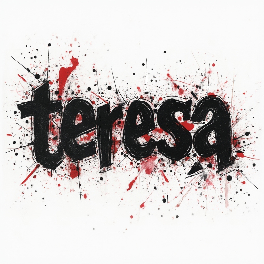 Trash Polka style tattoo concept of the name teresa in bold black and red fractured lettering on a white background.