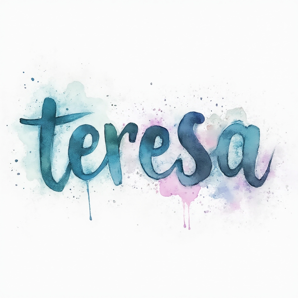 Watercolor tattoo concept of the name teresa in colorful flowing script on a white background.