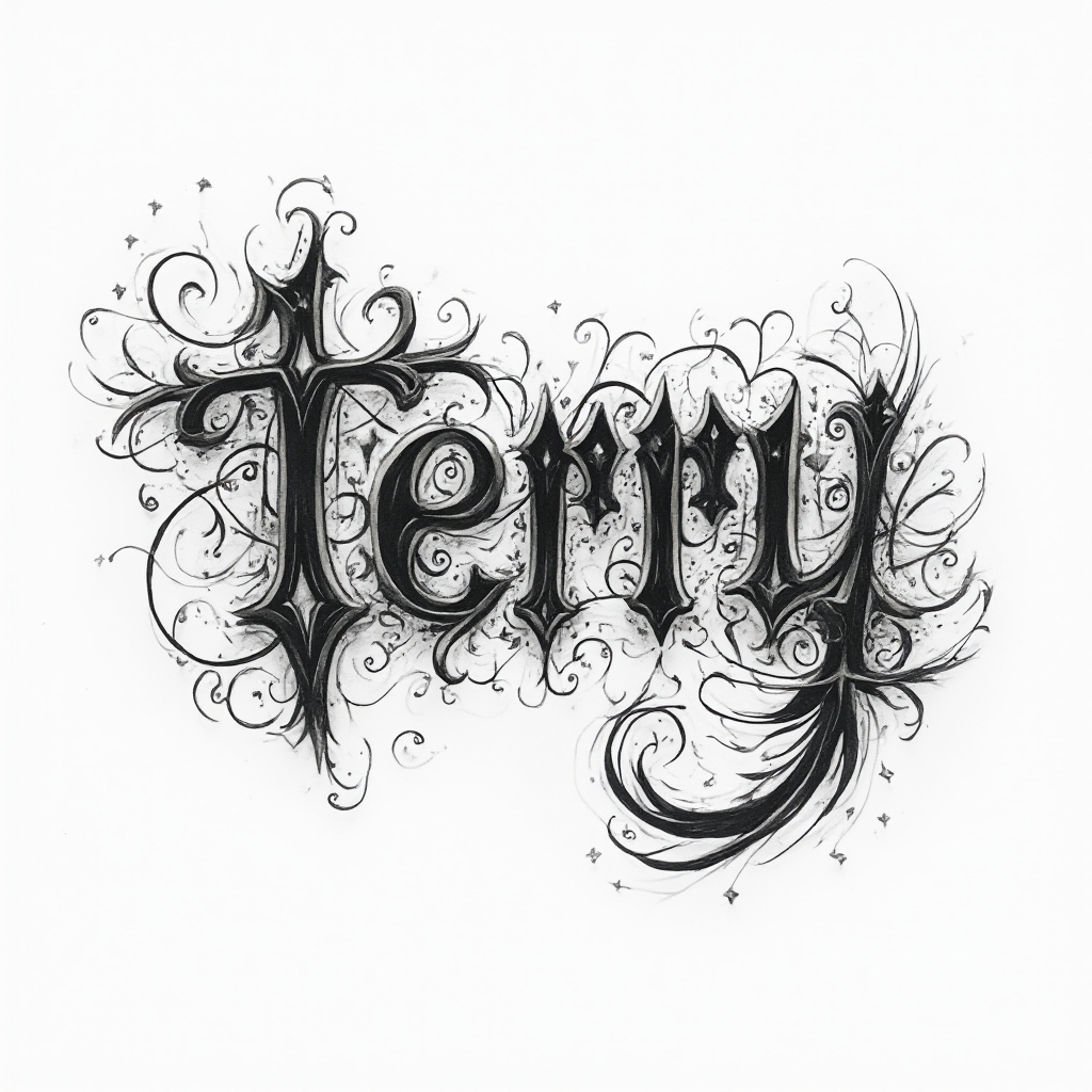 Abstract ornamental tattoo-style emblem forming the name terry with intricate black linework on white.
