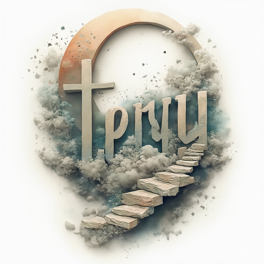 Surreal tattoo-style dreamscape where the name terry is formed by impossible architectural letters on a white background.