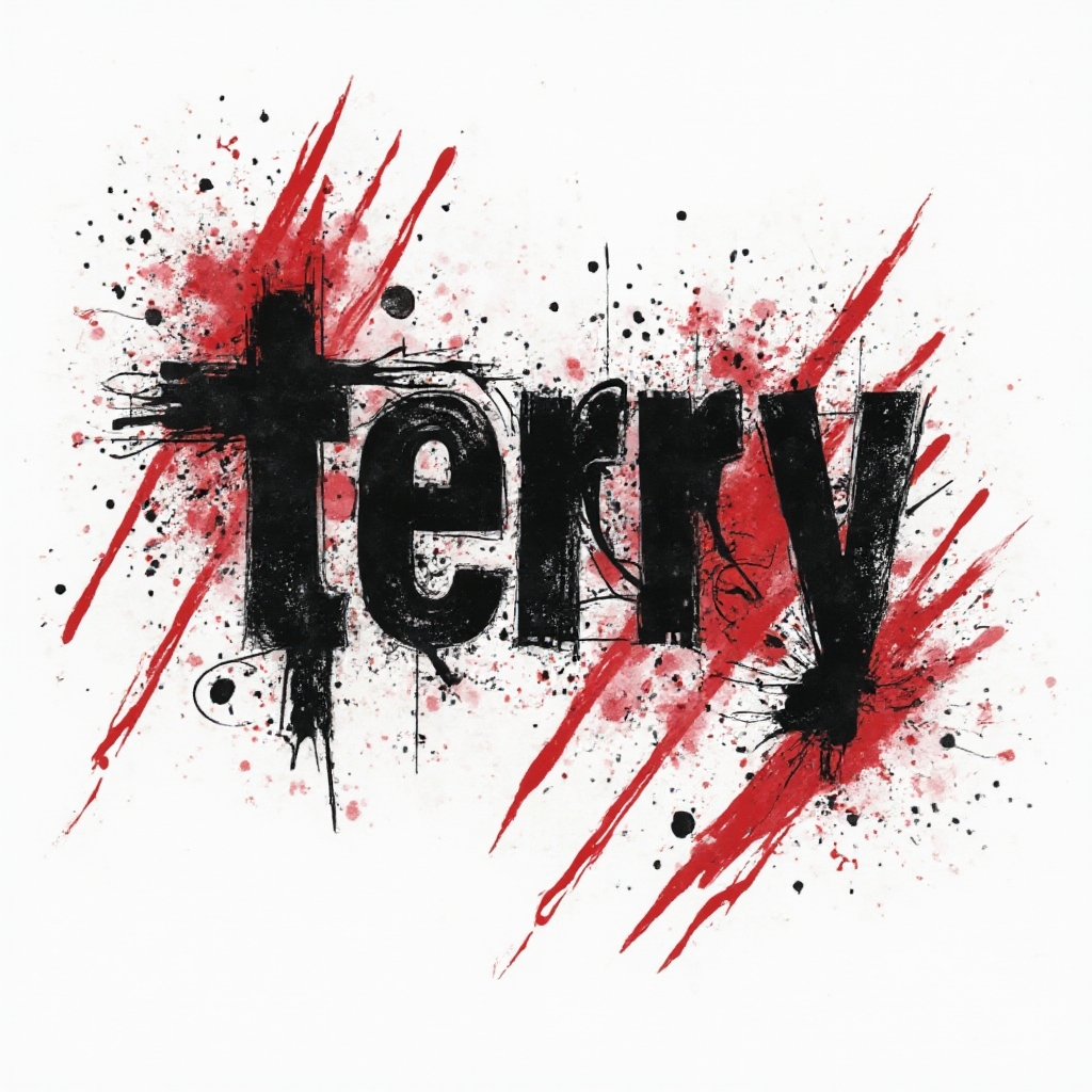 Trash Polka-style tattoo design of the name terry in grungy black and red graphic lettering on a white background.