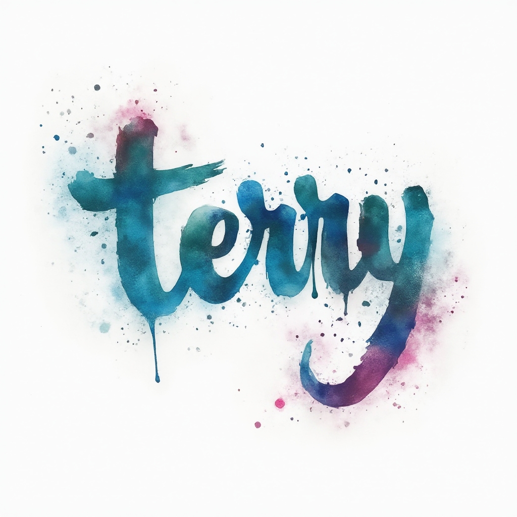 Watercolor tattoo-style design of the name terry built from colorful paint-like letters on a white background.