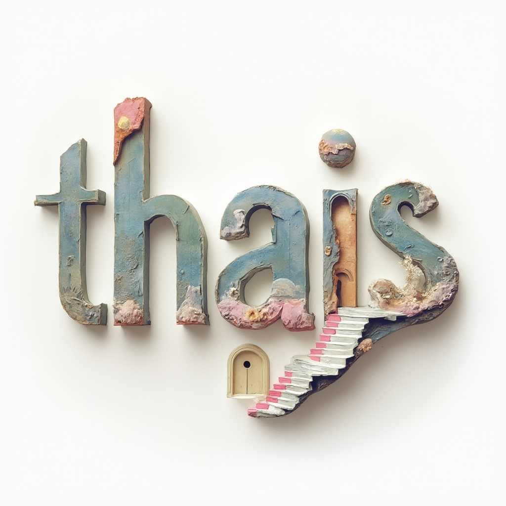 Surrealist tattoo concept spelling thais with dreamlike objects and structures on a white background