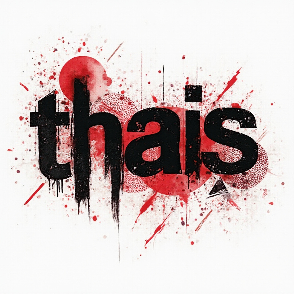 Trash Polka tattoo concept spelling thais with bold black strokes, red splashes, and grunge textures on white