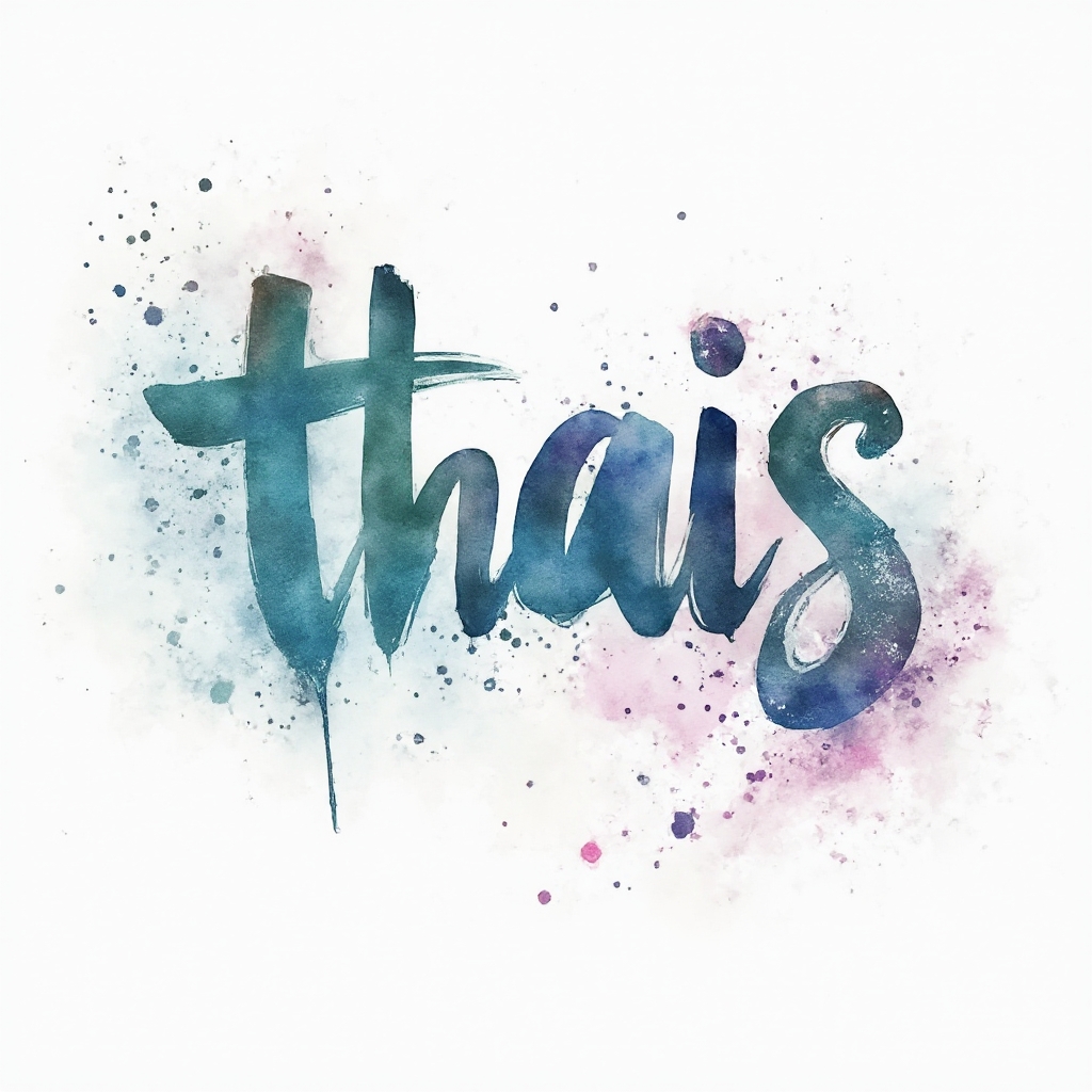 Watercolor tattoo concept with the name thais in flowing multicolor paint strokes on a white background