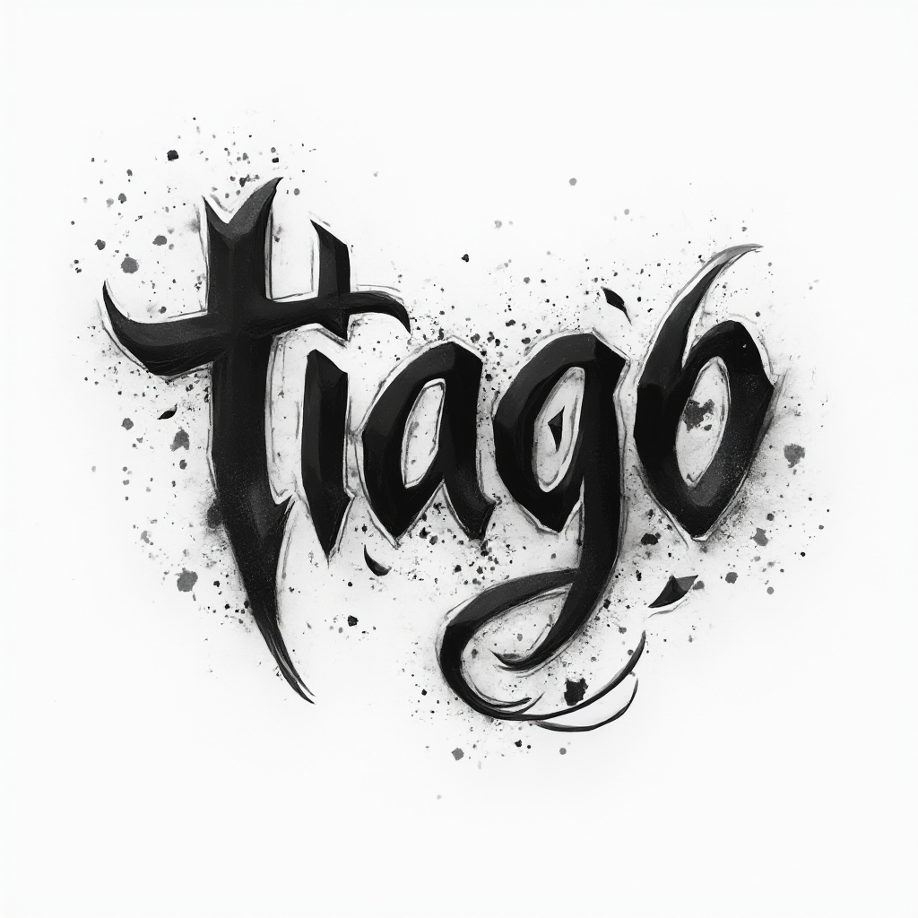 Dimensional black and grey tattoo-style design where the name tiago is formed from flowing beveled ink strokes on a white background
