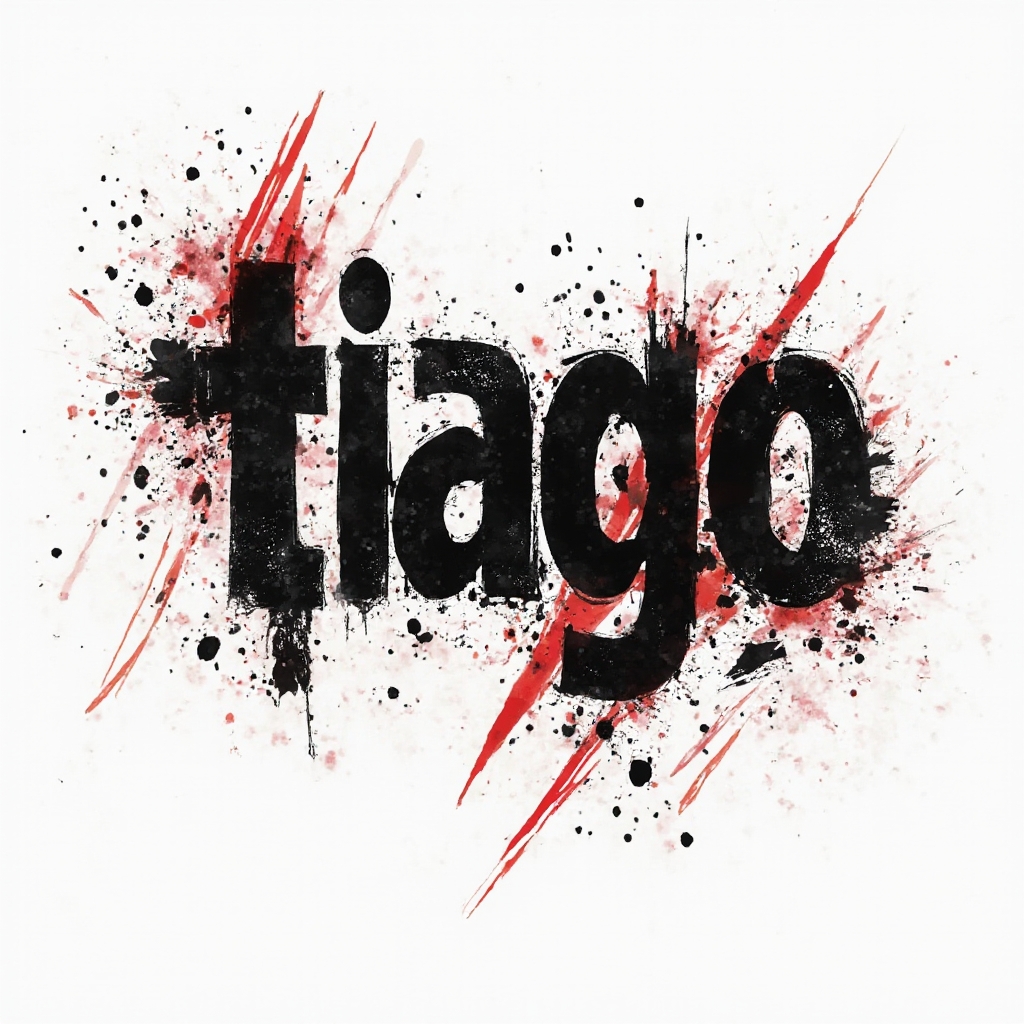 Trash Polka tattoo-style design where the name tiago appears as distressed black and red ink shapes on a white background