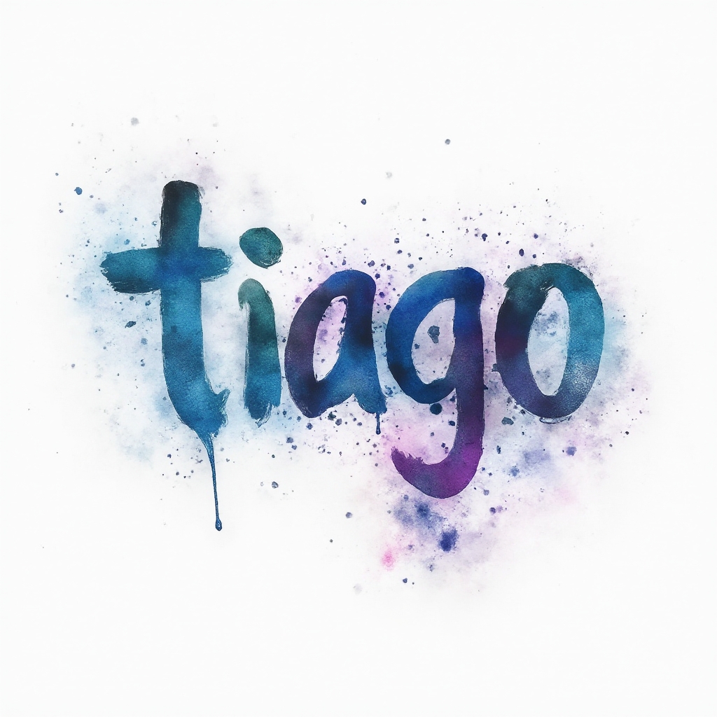 Watercolor tattoo-style design where the name tiago is formed from colorful ink splashes on a white background