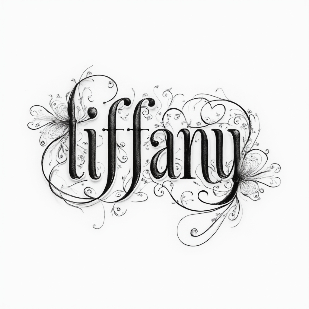 Ornamental black linework tattoo design of the name Tiffany with filigree flourishes on a white background