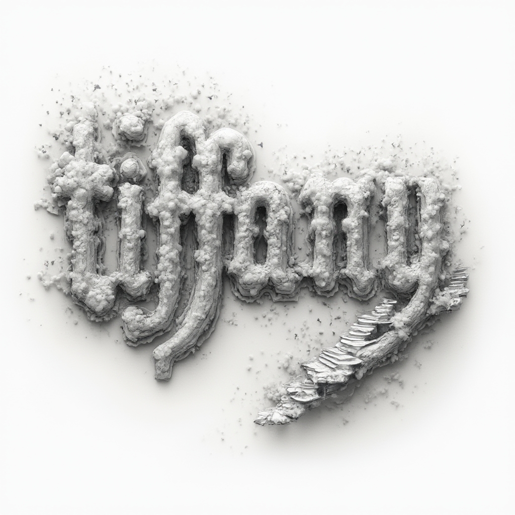 Surreal tattoo design of the name Tiffany built from melting dreamlike structures on a white background