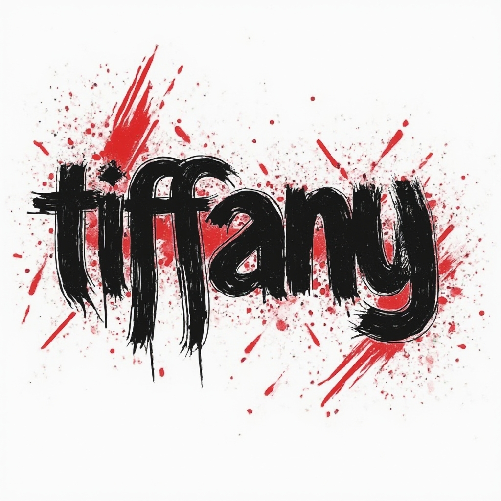 Trash Polka tattoo design of the name Tiffany in bold black strokes and red shapes on white background