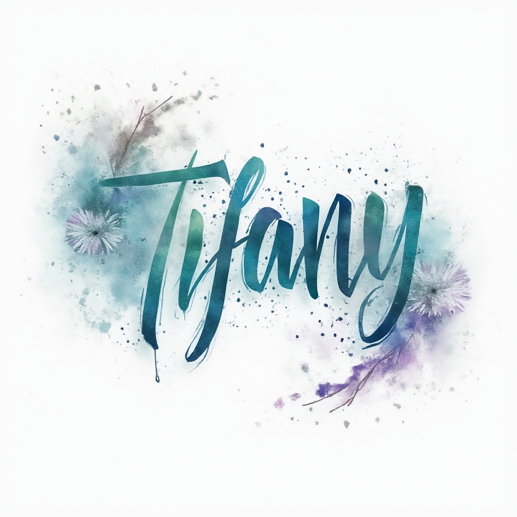 Watercolor tattoo design of the name Tiffany in teal, turquoise, and lavender washes on a white background