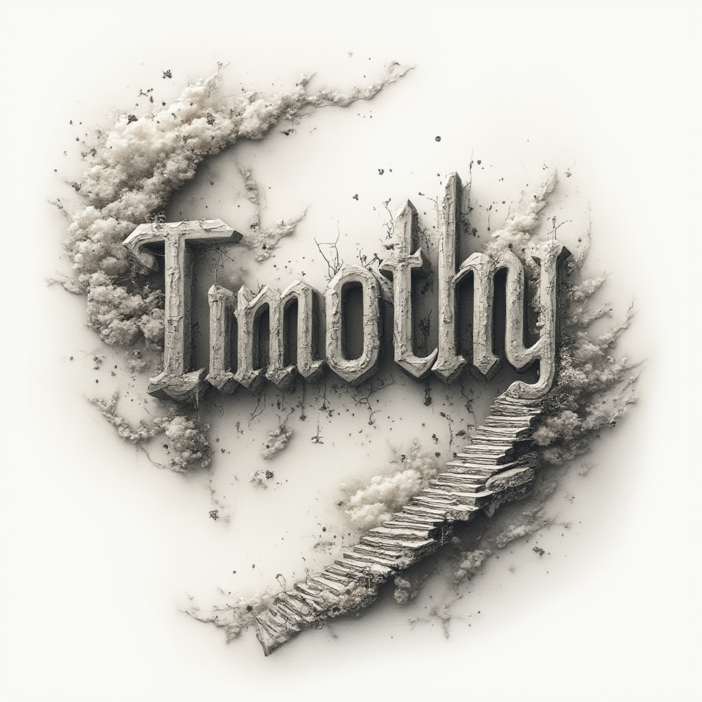 surreal tattoo design featuring the name timothy transformed into dreamlike, impossible structures on a white background