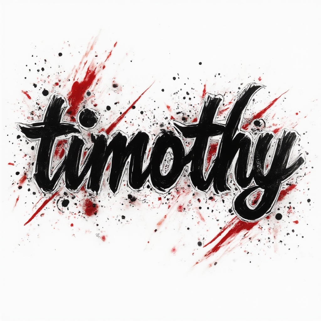 Trash Polka style tattoo artwork with the name timothy in distressed black and red lettering on a white background