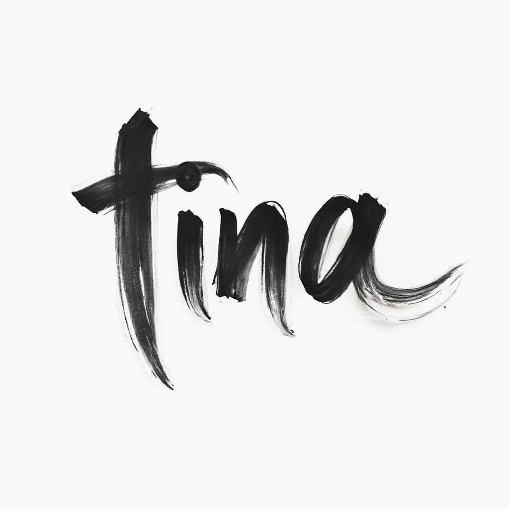 Abstract black ink tattoo design where the name tina is formed from flowing, tapered linework on a white background