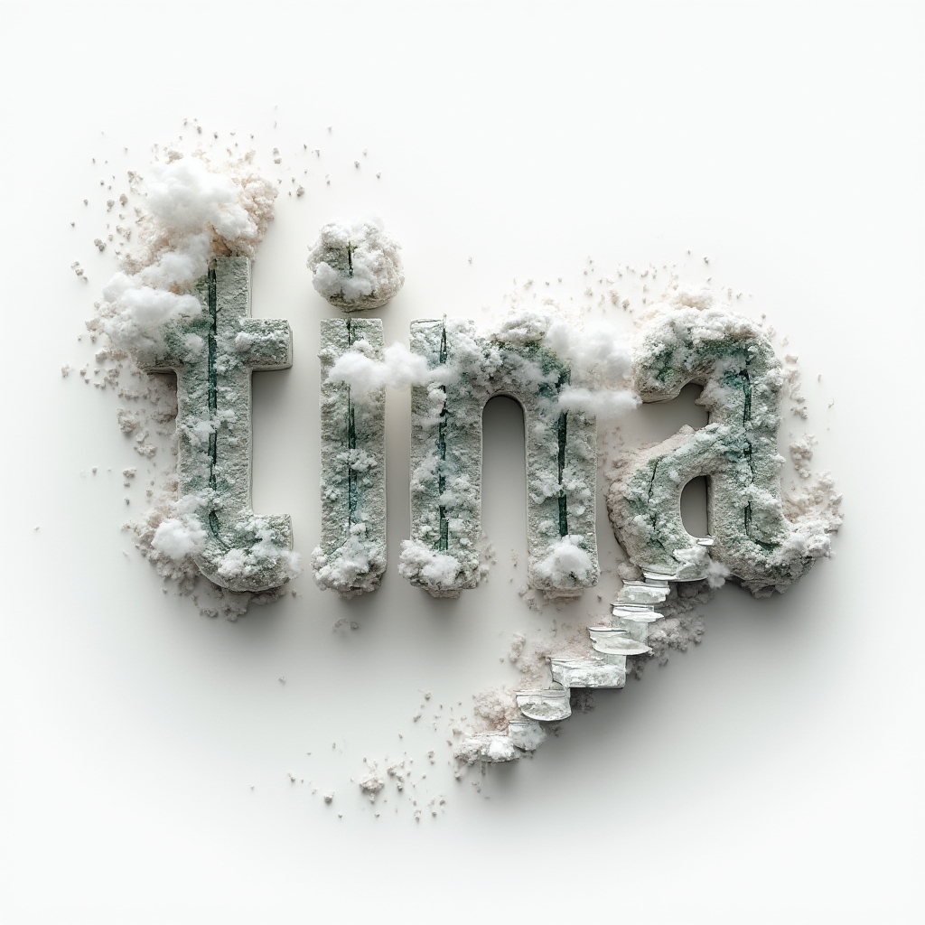 Surreal dreamscape tattoo design where the name tina is built from floating stone, melting chrome, and impossible shapes on a white background