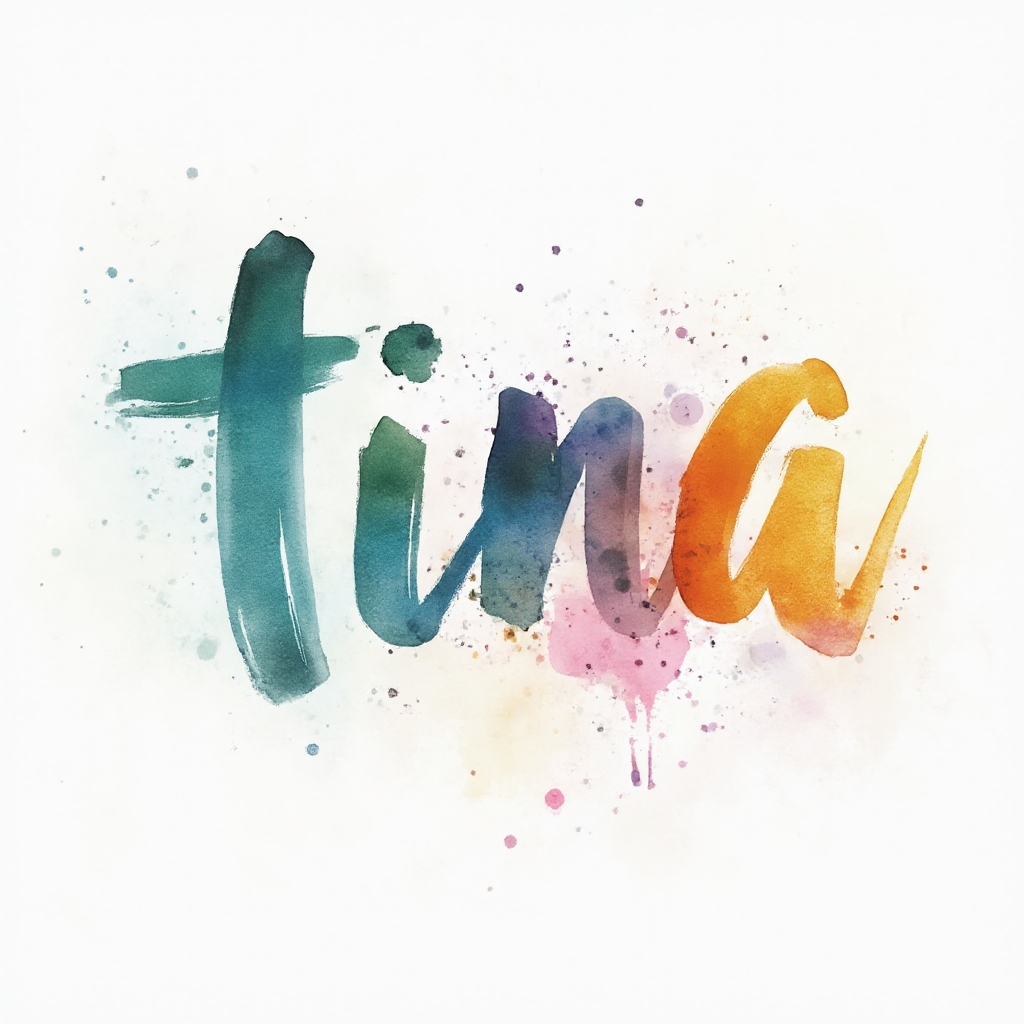 Watercolor splash tattoo concept featuring the name tina in flowing multicolor brushstroke lettering on a white background