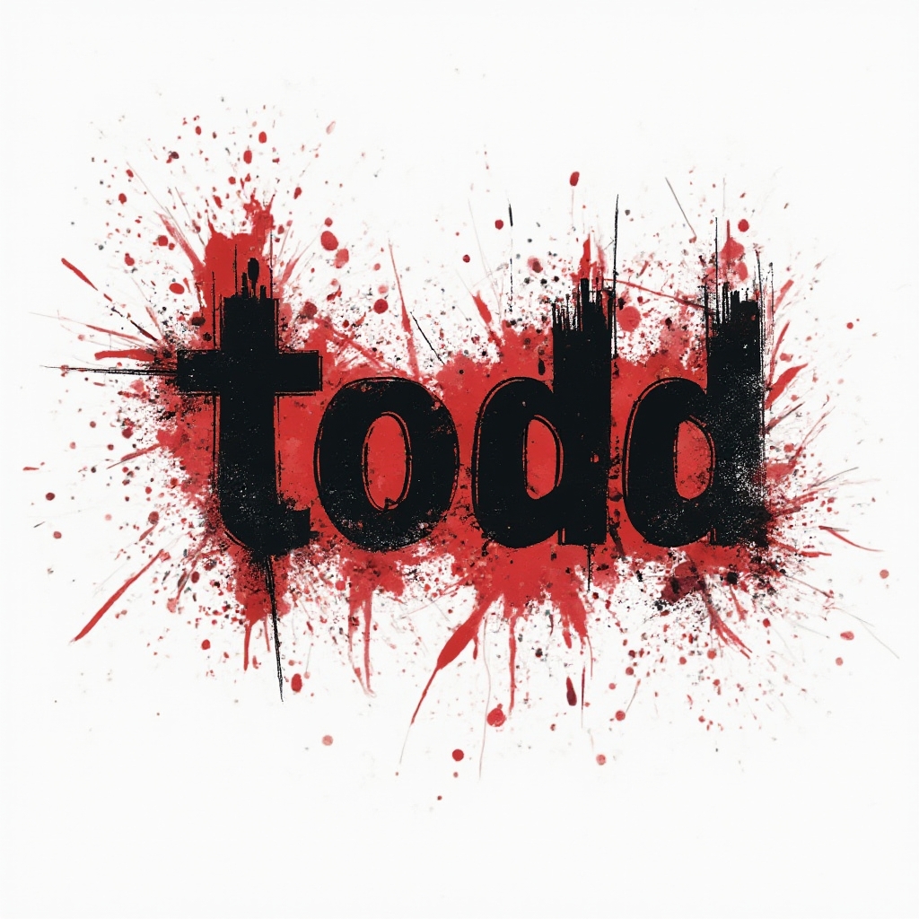 Trash Polka-style tattoo design of the name todd with bold black and red fractured lettering on a white background