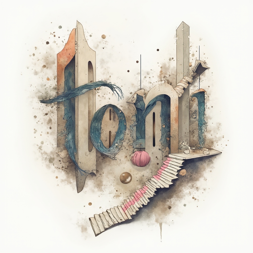 Surreal dreamscape tattoo concept where the name toni transforms into impossible architecture on a white background