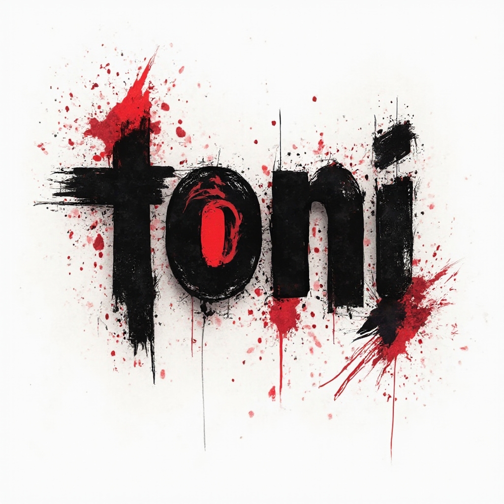 High-contrast trash polka tattoo design where the name toni is formed from black brushstrokes and red geometric shapes on white