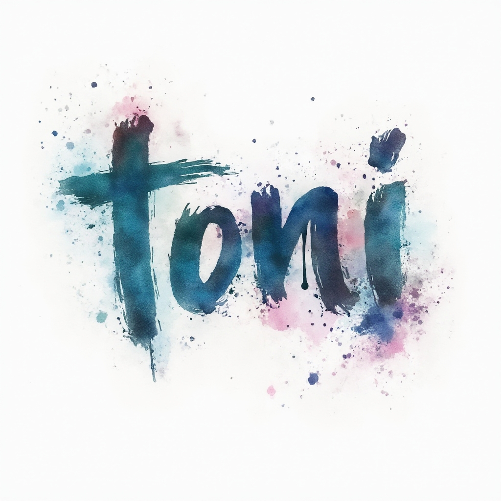 Watercolor tattoo concept where the name toni is formed by flowing ink splashes and gradients on a white background