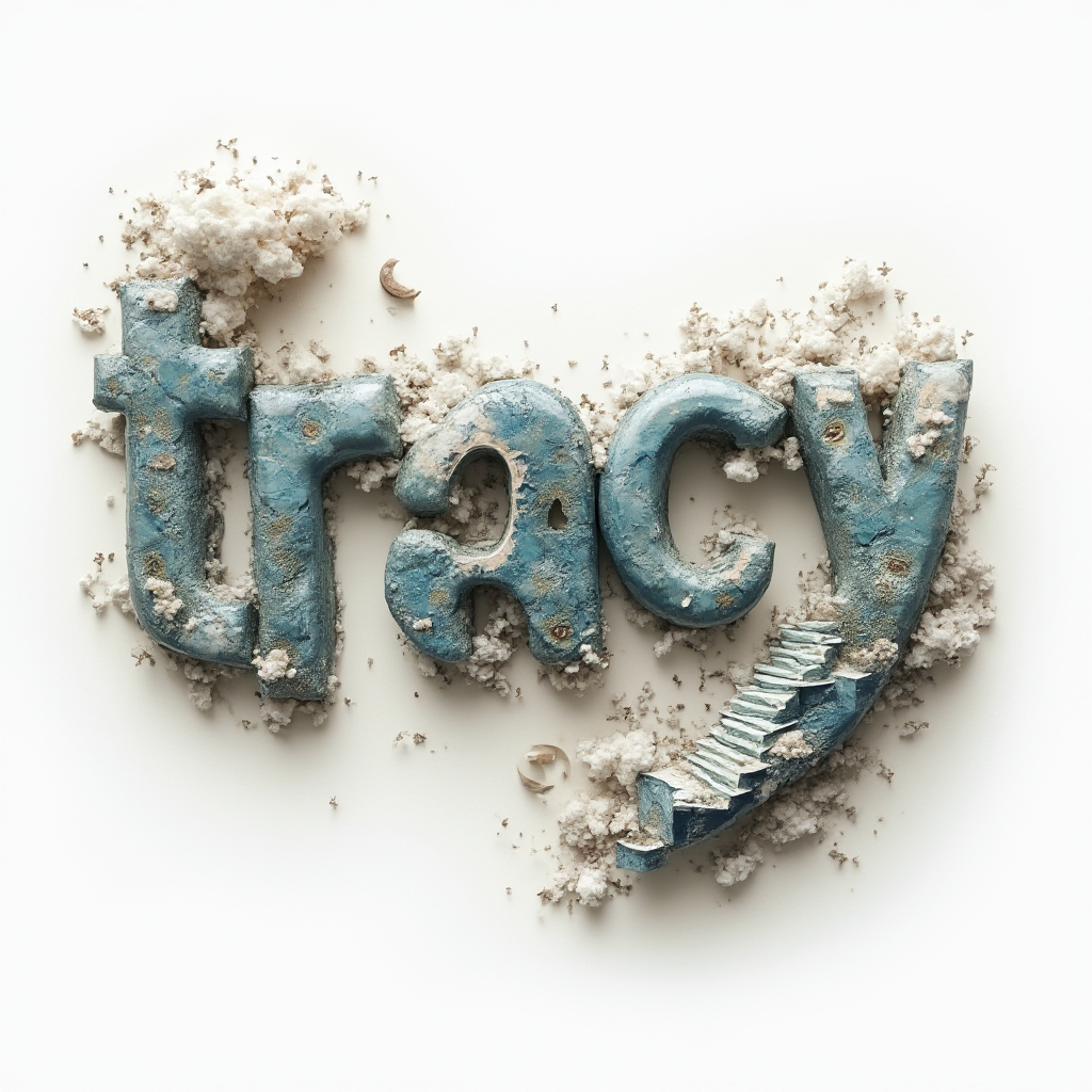 Surreal tattoo concept forming tracy from dreamlike floating structures on a white background