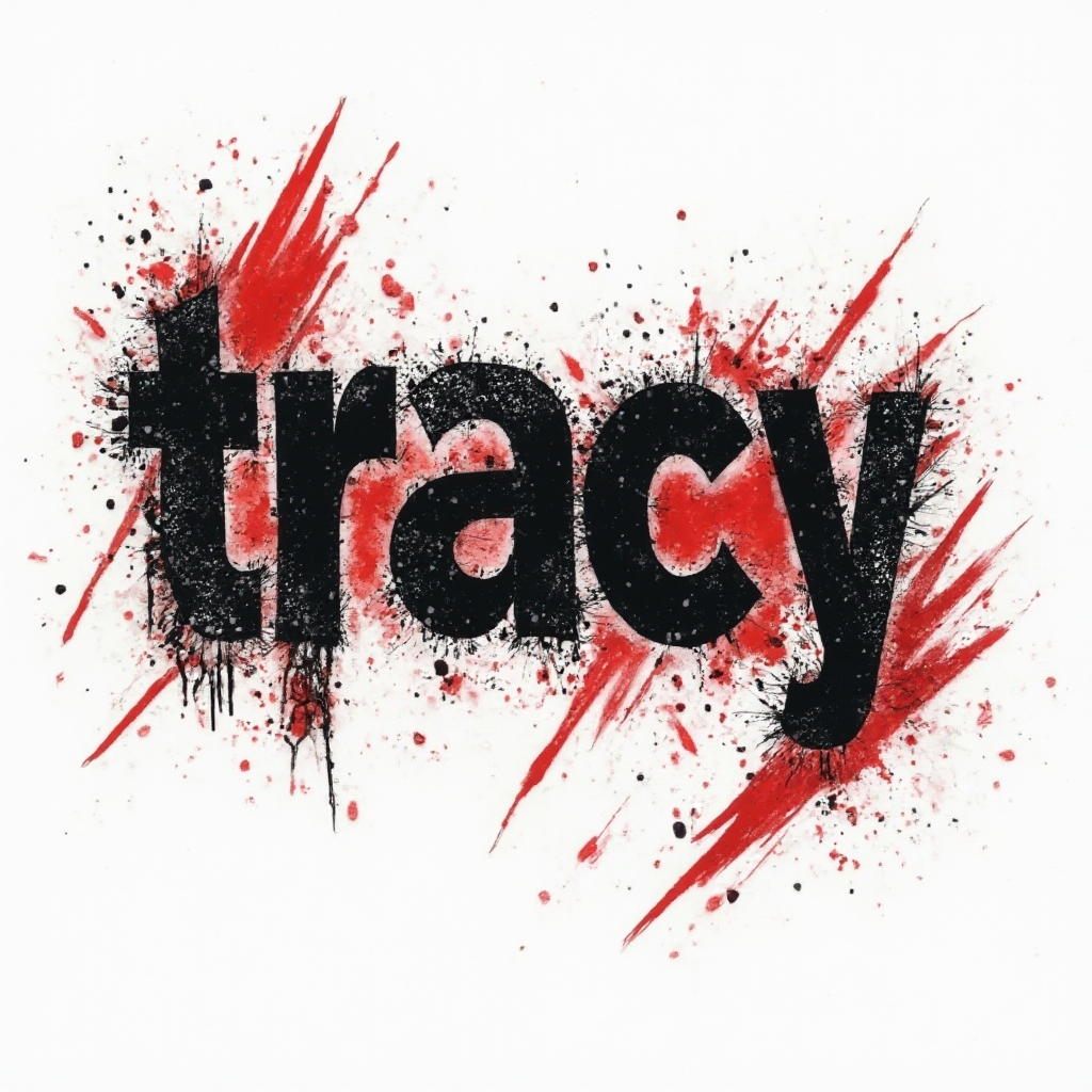 Trash Polka tattoo concept spelling tracy with bold black and red grunge elements on white