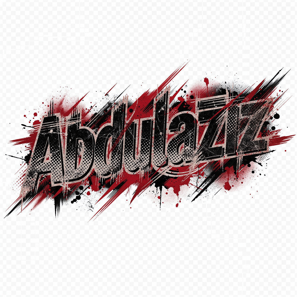 Trash Polka tattoo design of the name Abdulaziz with bold black and red grunge effects