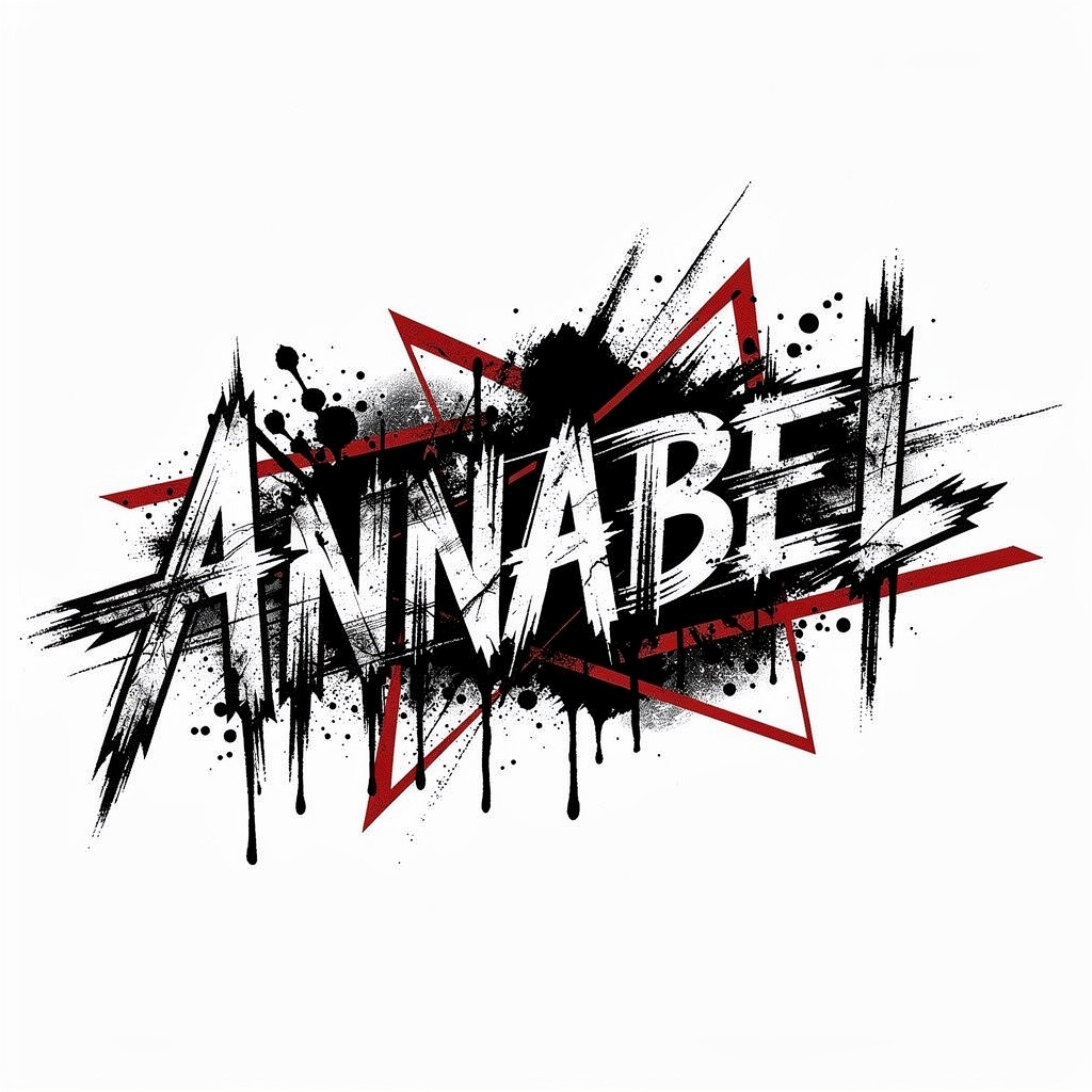 Trash Polka tattoo design of the name Annabel with black and red abstract elements.