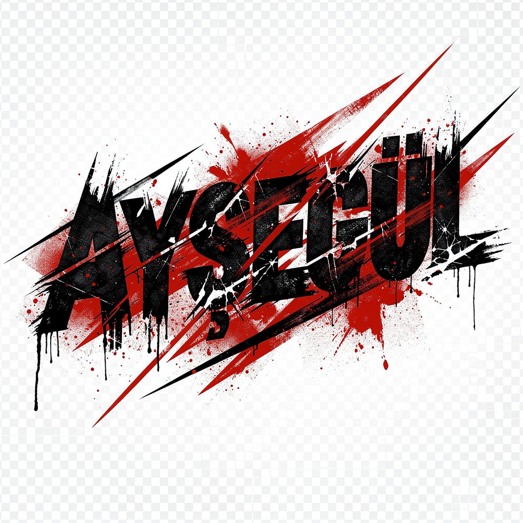 Trash Polka style tattoo lettering of the name Ayşegül with black and red ink effects.