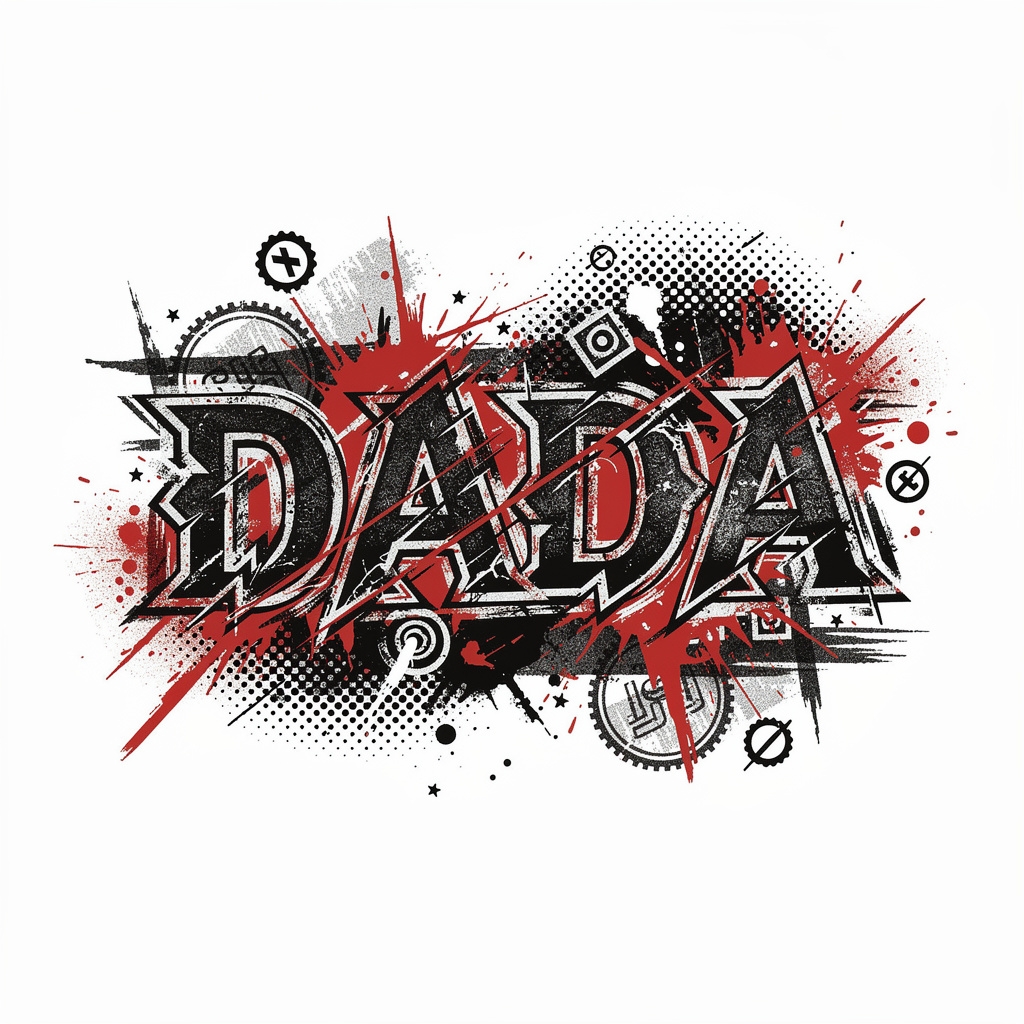 Trash Polka tattoo design of the name Dada in distressed black and red graphic style on white background