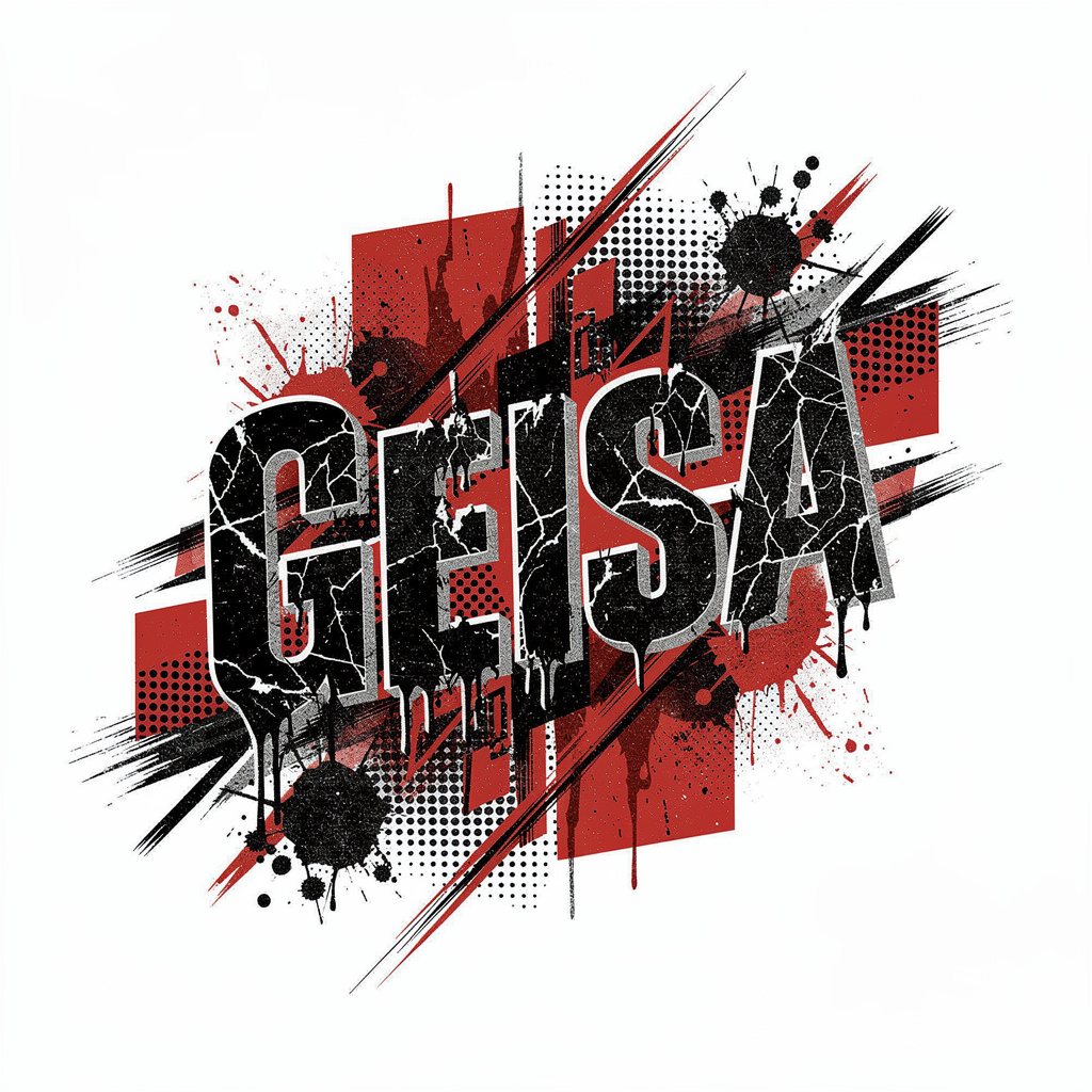 Trash Polka tattoo design featuring the name Geisa in bold red and black graphics.
