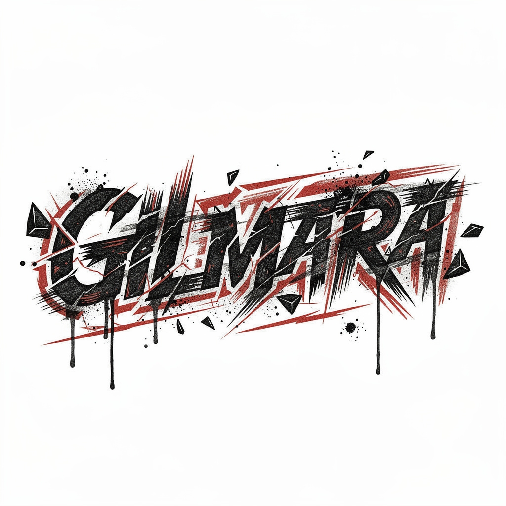 Trash Polka tattoo-style design of the name Gilmara in black and red on white.