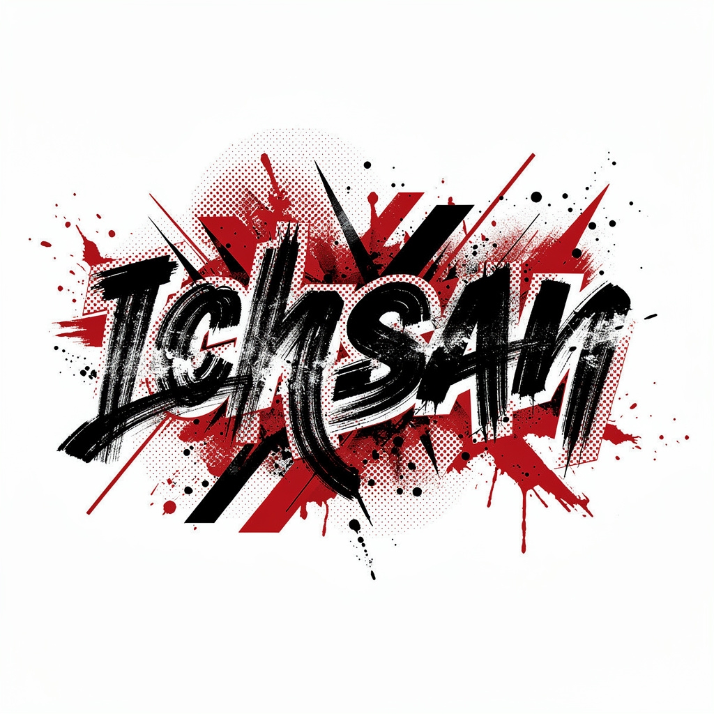 Trash Polka tattoo-style design of the name Ichsan in red and black.