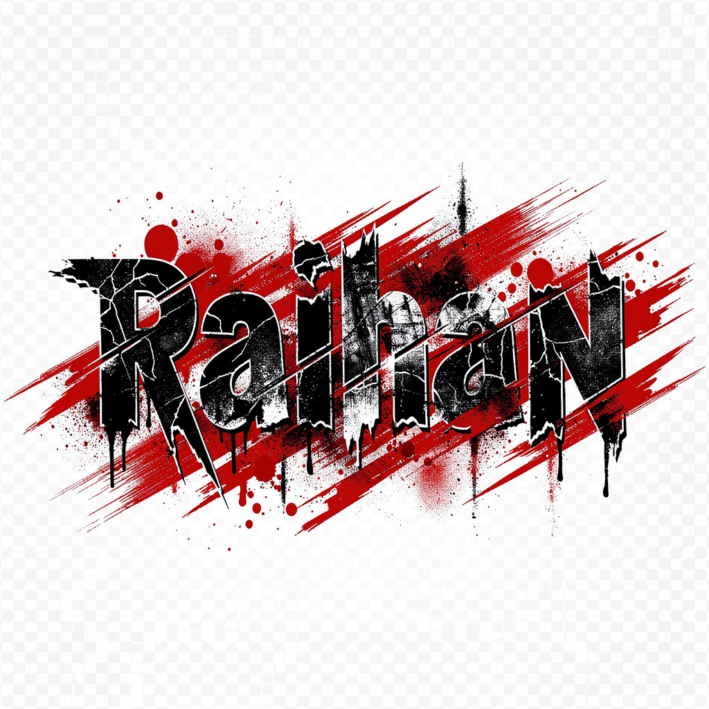 Trash Polka Raihan name tattoo with grunge black and red effects.
