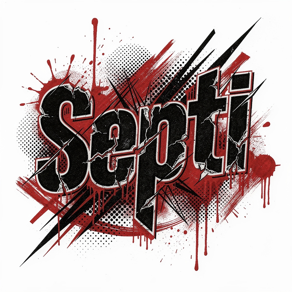 Trash Polka tattoo-style composition of the name Septi in black and red on white.